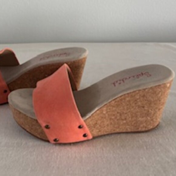 Splendid Coral Suede Wedge Sandals Cork Heel - Size 8 - Picture 1 of 3